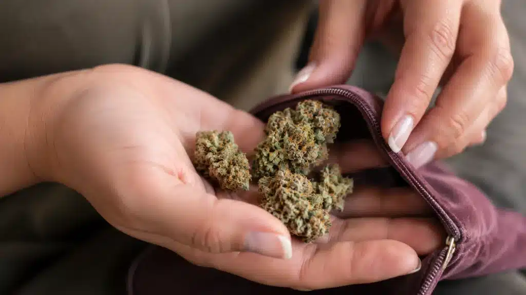 close-up of hands placing small cannabis buds into a mauve zippered pouch, with realistic texture and shallow background