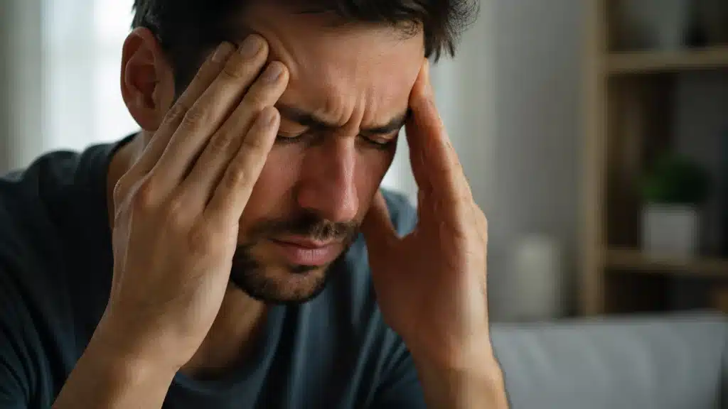 close-up of man holding his temples during an alcohol withdrawal headache, showing pain, stress, and discomfort at home