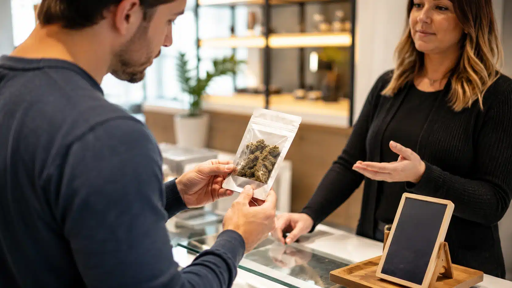 customer examines sealed cannabis packaging while dispensary worker explains product details at glass counter