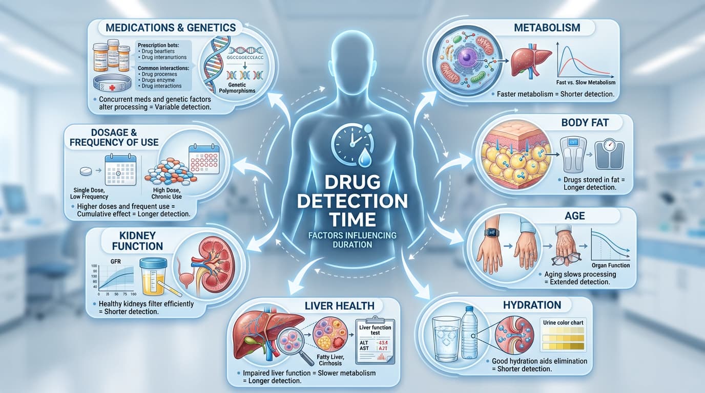 infographic showing factors that influence how long drugs remain detectable in the body