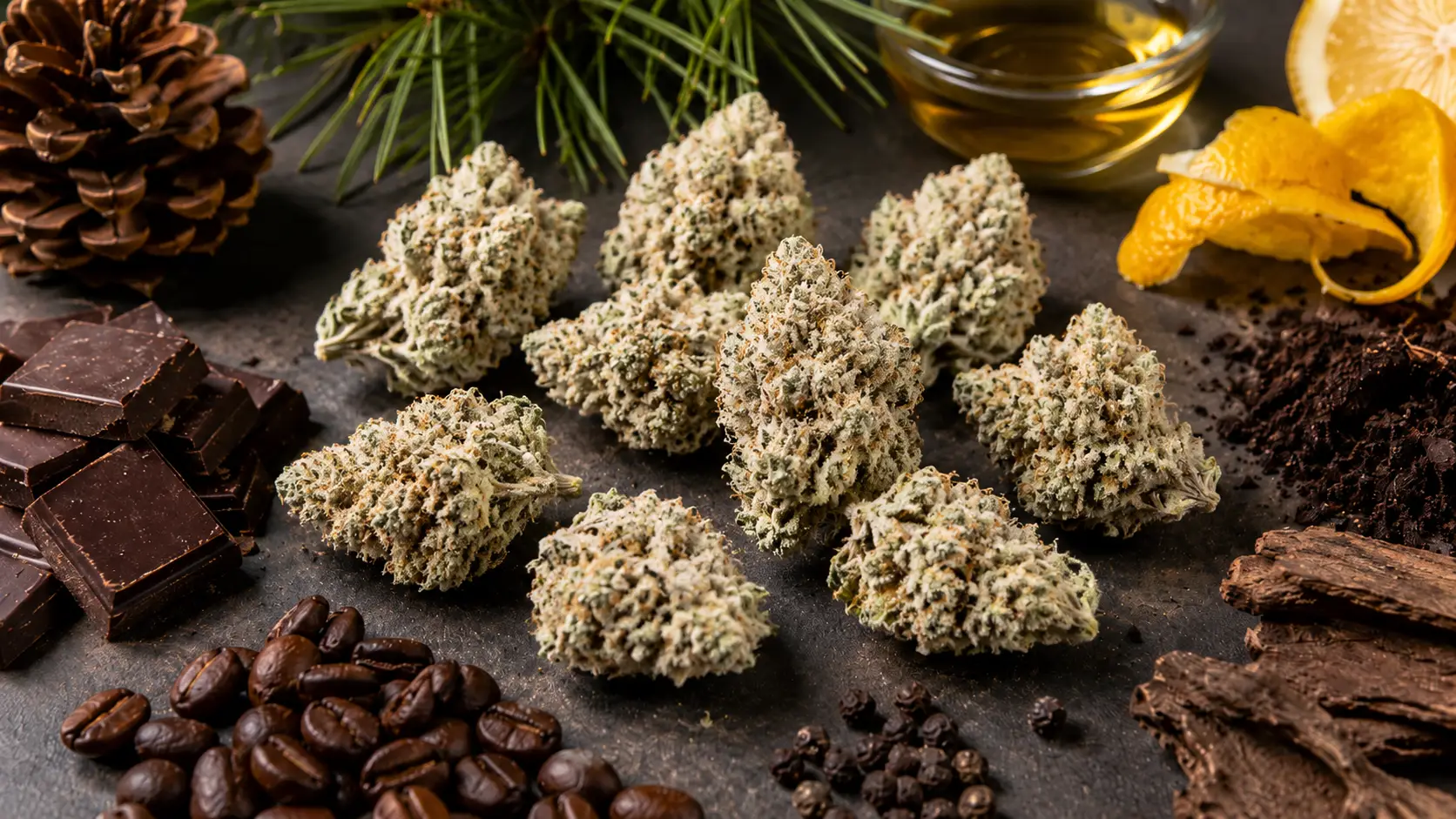 frosty gg4 cannabis buds on a dark surface with chocolate, coffee beans, citrus peel, pine, and earthy aroma elements