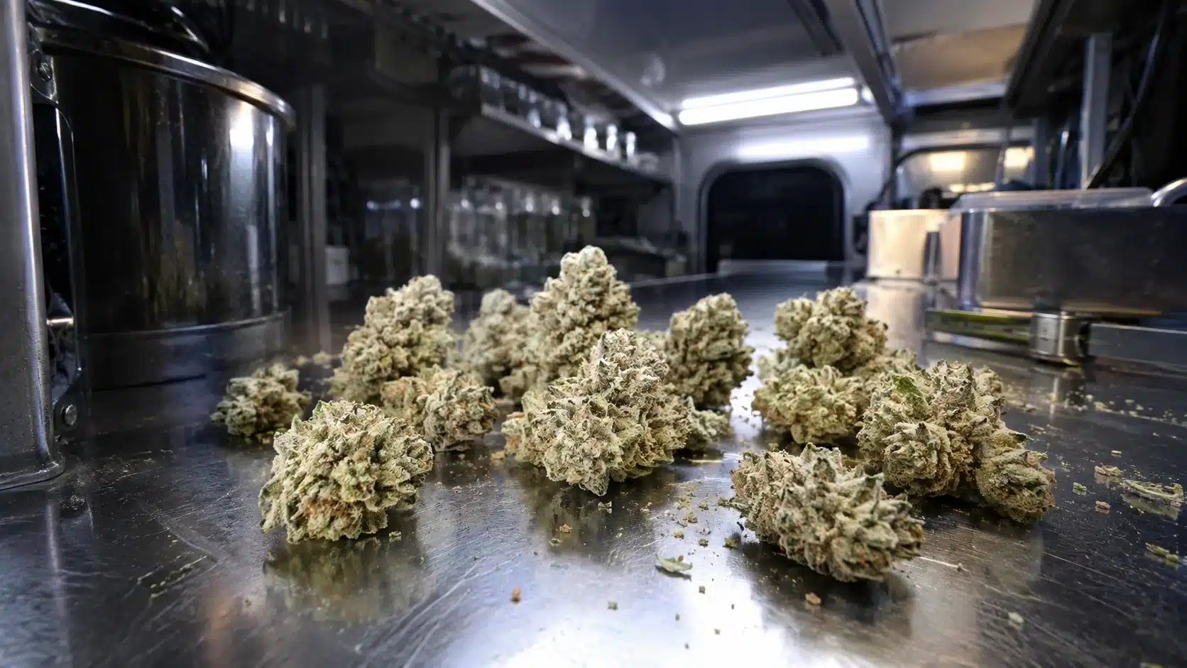 frosty gg4 cannabis buds scattered on a reflective metal table inside a dim van lab with stainless equipment and lighting