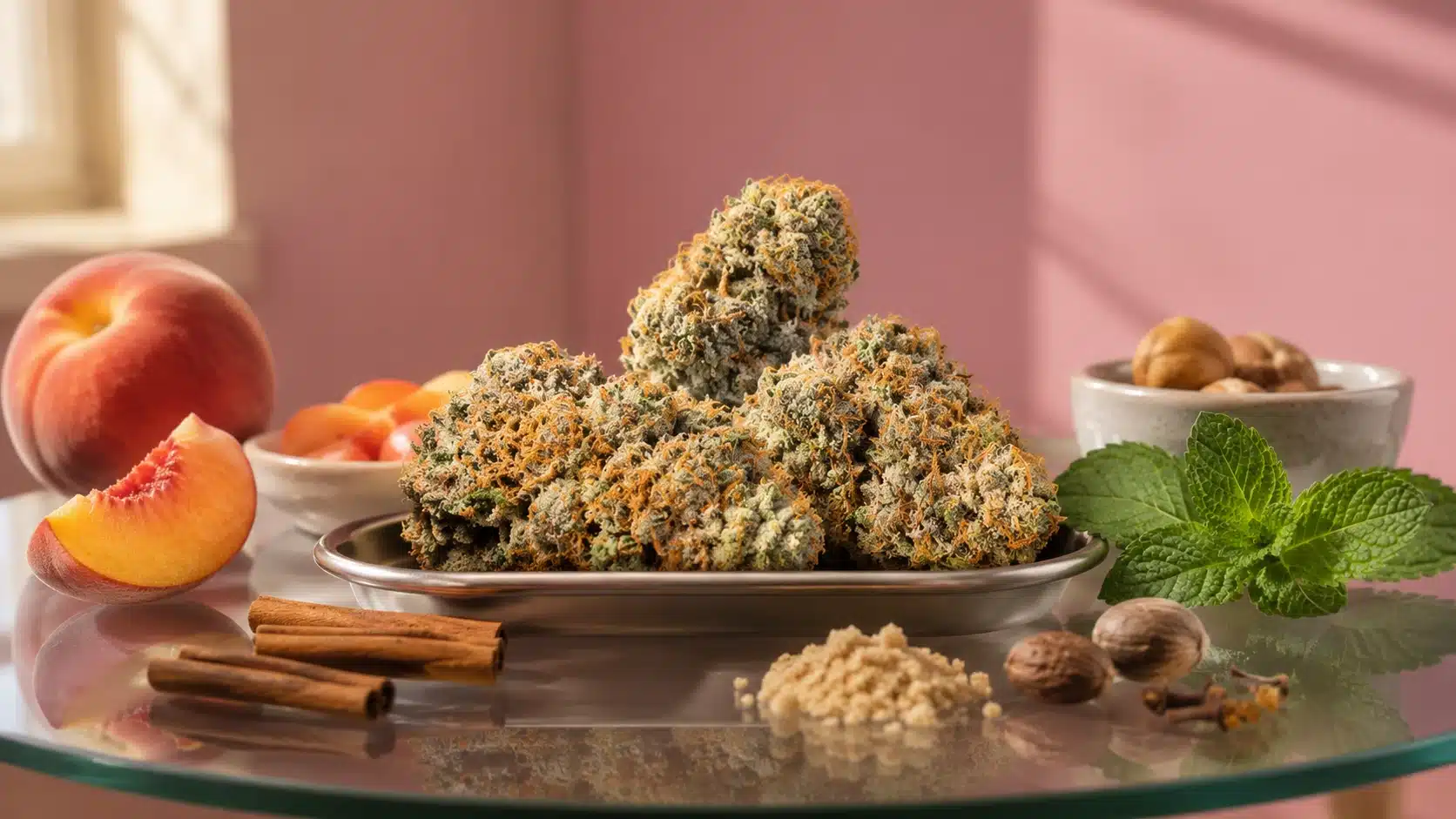georgia pie cannabis buds on tray with peach, mint, cinnamon, nuts, sugar, and spices on glass table against pink wall