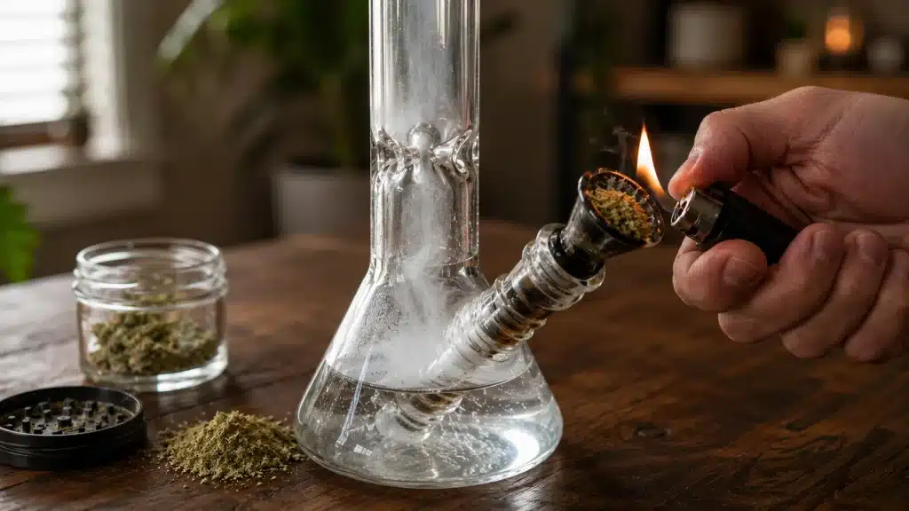glass bong with water and smoke, crushed cannabis nearby, and a hand lighting the packed bowl on wooden table