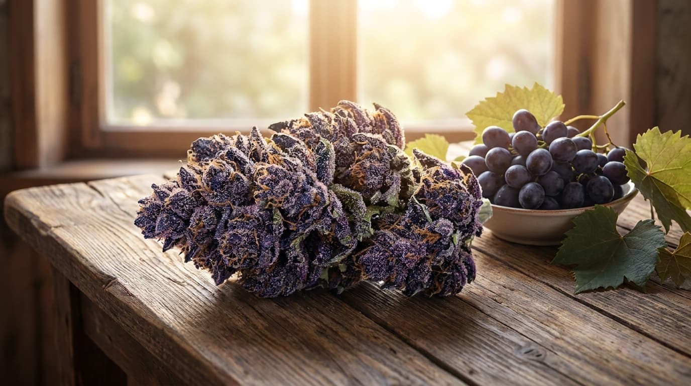 dense grape scented granddaddy purple buds on wooden table with violet hues and sparkling trichomes