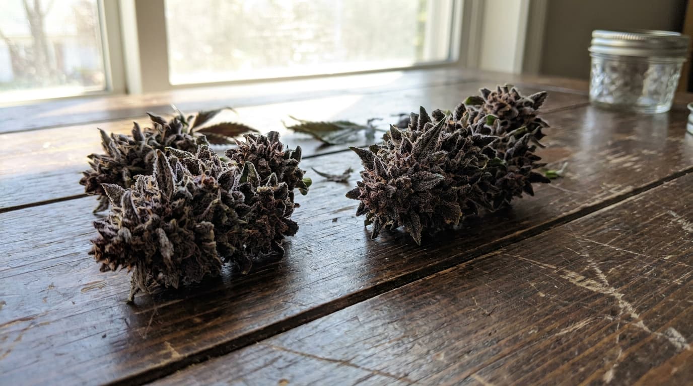 grape ape buds on rustic wooden table with dark violet color and glistening trichomes in sunlight