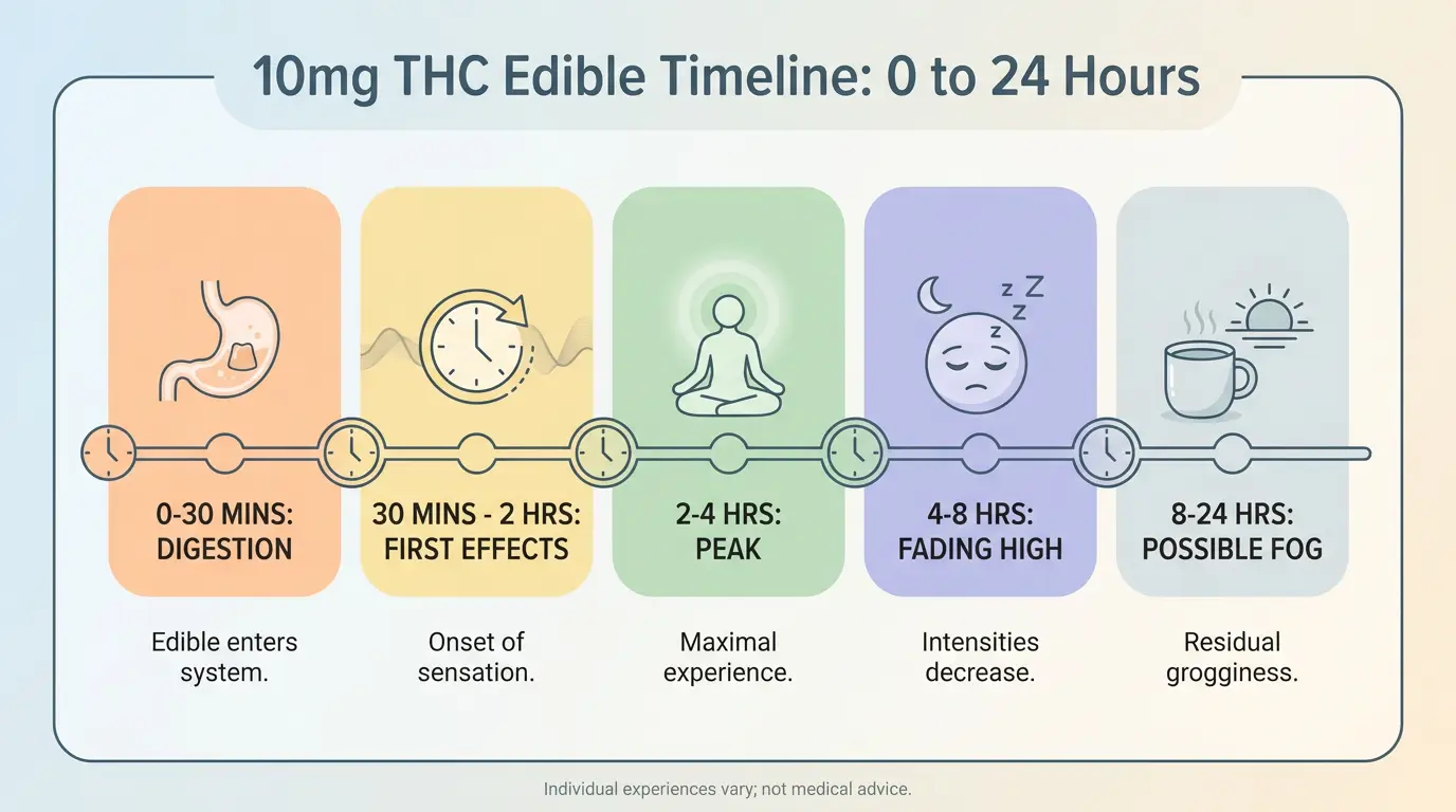 how long does a 10mg edibles last hour by hour timeline from first effects to peak and next day fog