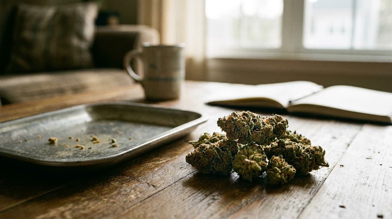 realistic photo of dried marijuana buds on a table with a glass pipe and rolling tray