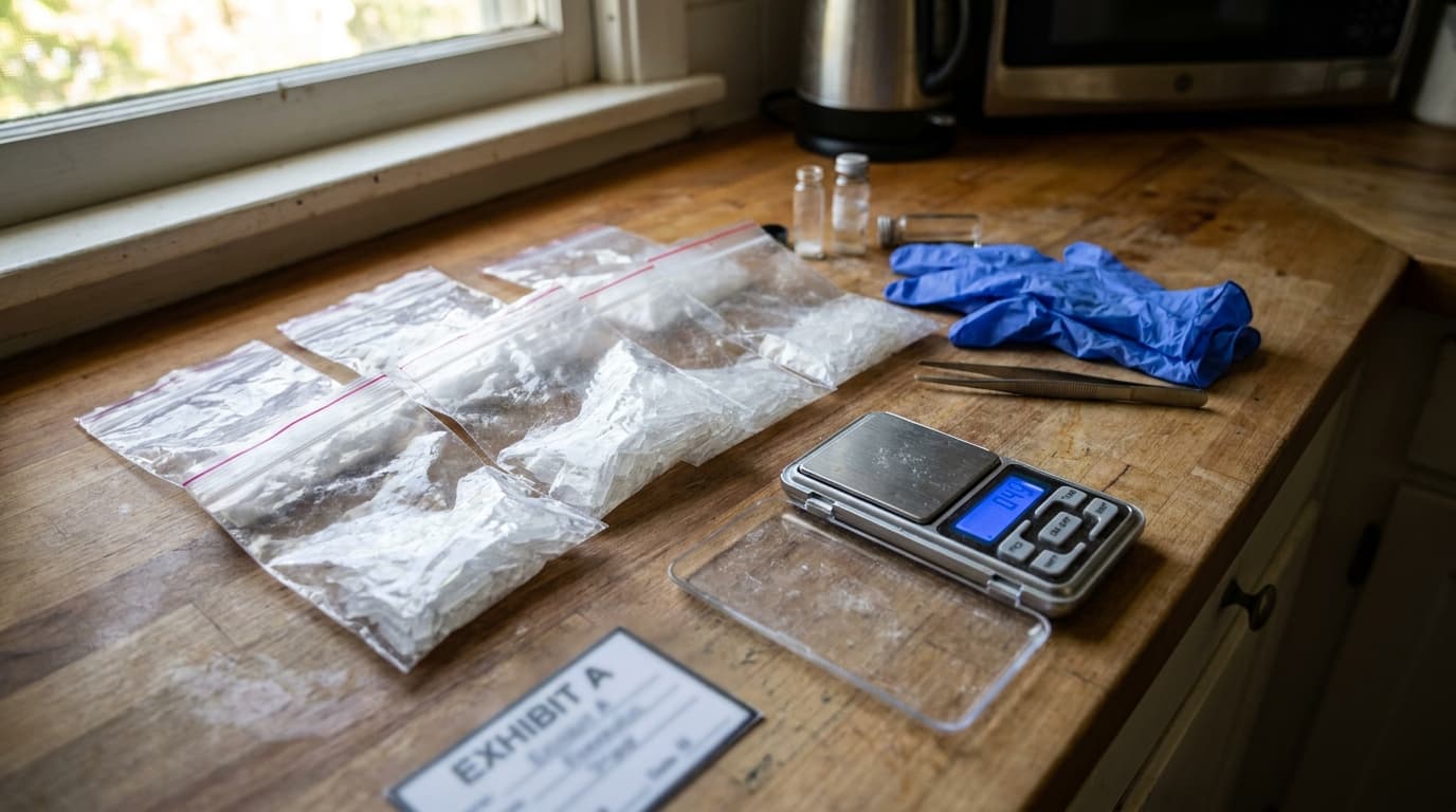 photo of crystalline methamphetamine on kitchen counter with scale and gloves in natural light