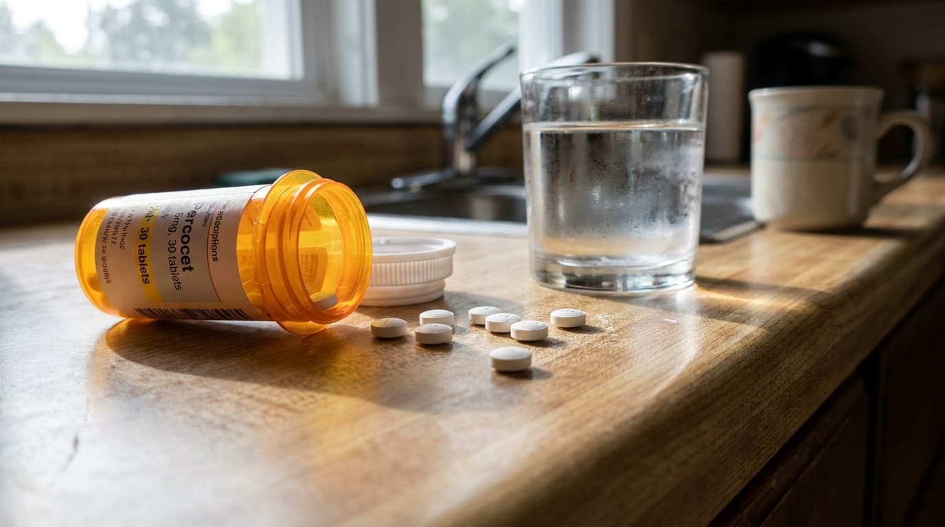 realistic photo of percocet pills spilled from a prescription bottle on a kitchen counter