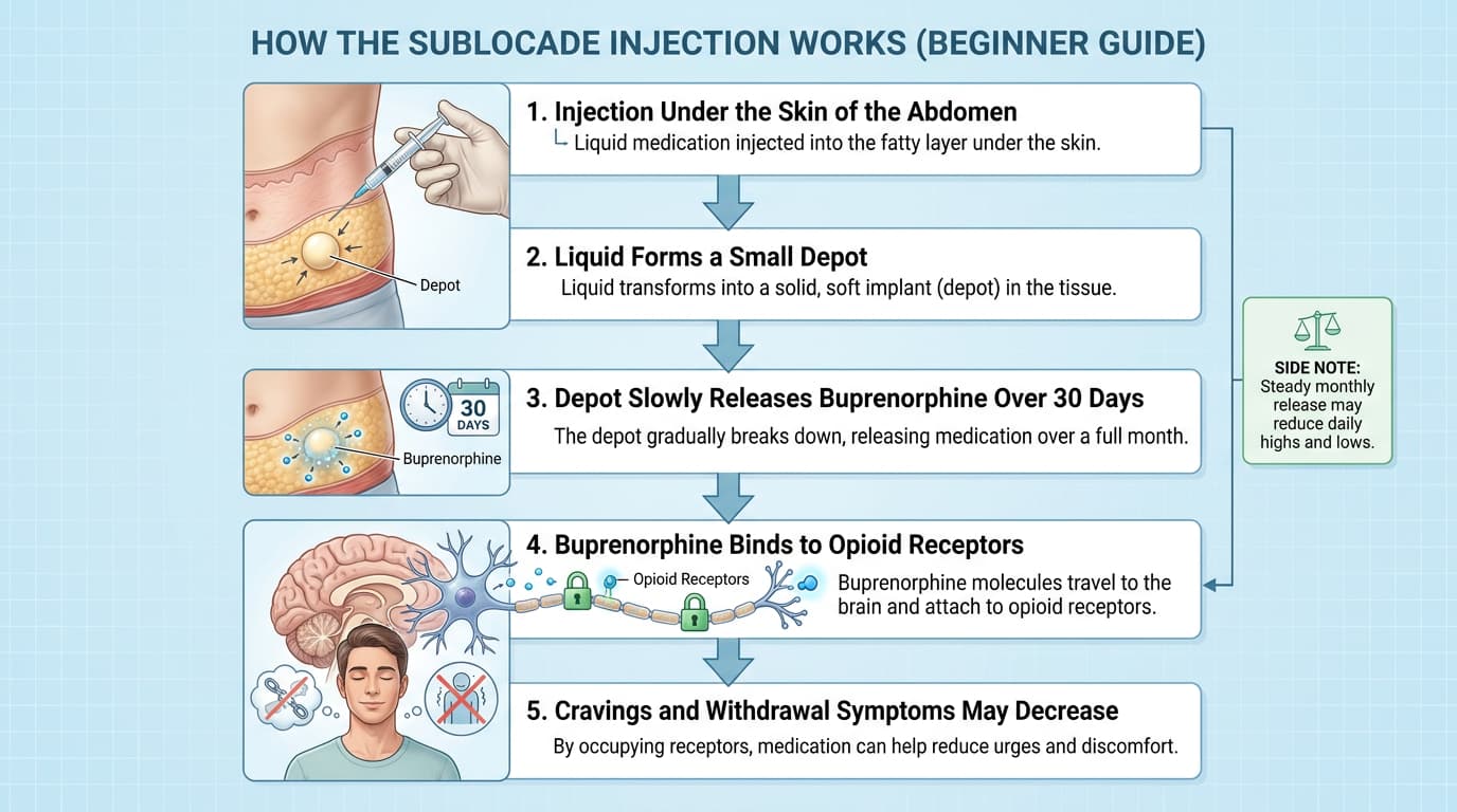how sublocade injection works infographic showing depot release and craving reduction steps