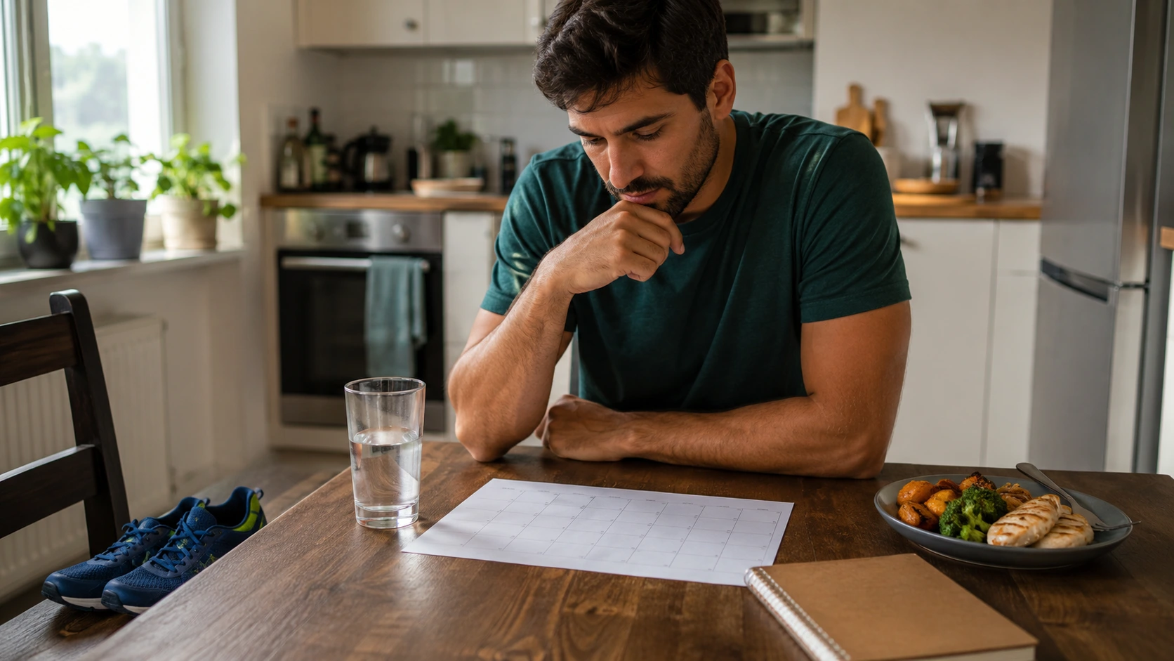 a person reviews a calendar at a kitchen table with water, notebook, shoes, and meal