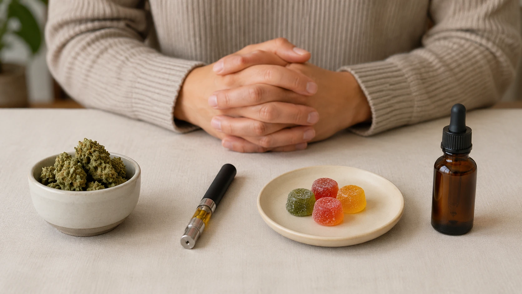 hands comparing cannabis products for weekly smoke clean timeline