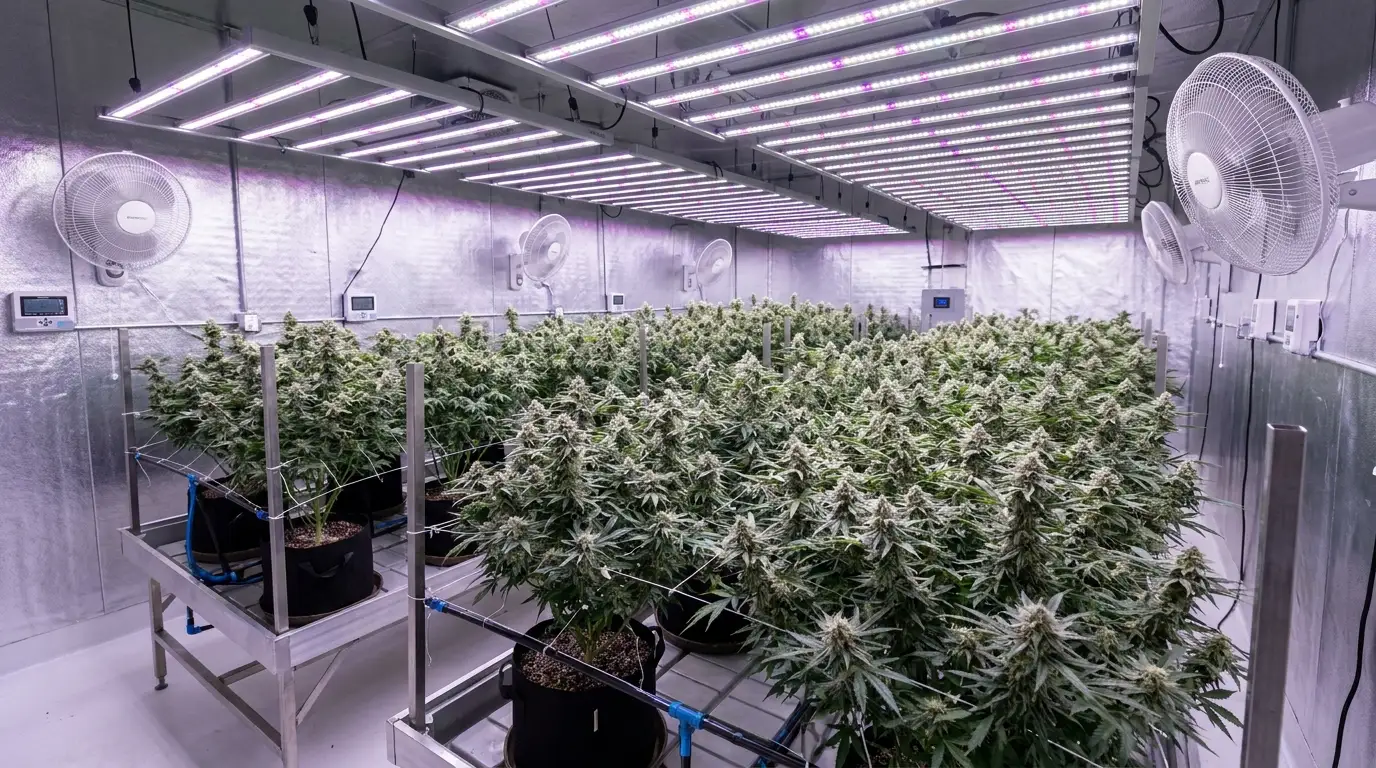 legal indoor mac 1 grow room with healthy plants led lights airflow and resinous flowers