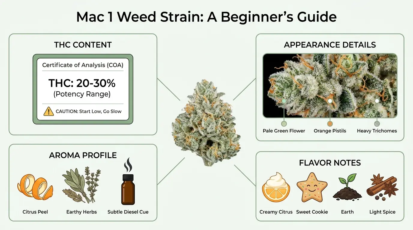 mac 1 infographic showing thc aroma flavor and appearance with frosty buds and simple cue