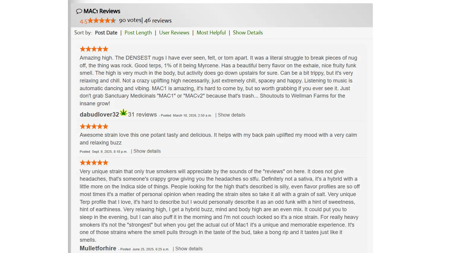 mac1 reviews screenshot showing star rating vote count and user feedback about effects flavor and dense buds