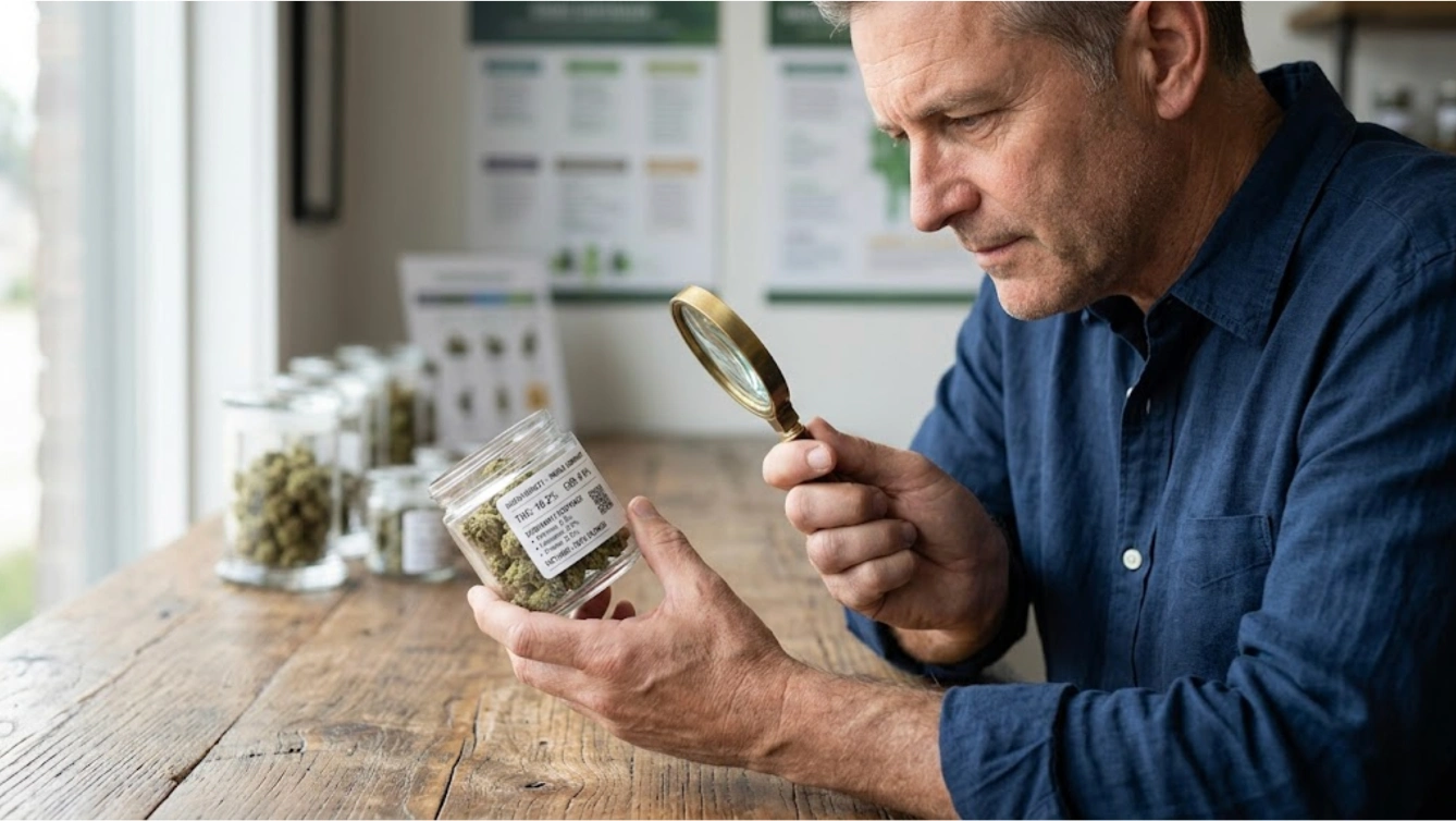 man examines cannabis jar label with magnifying glass, showing careful review of strain details before choosing indica