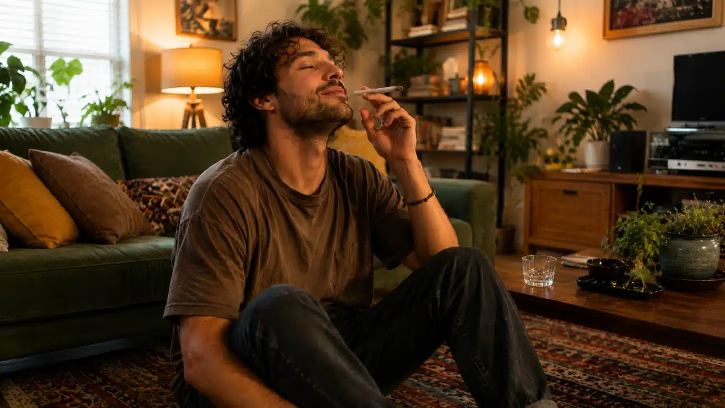 man sitting on floor in bright cozy room, smoking a joint, appearing calm, relaxed, and mentally uplifted