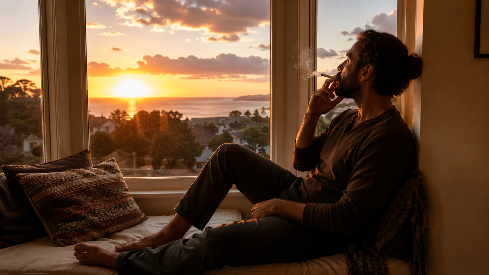 man smoking a joint on a cozy bay window seat while watching a warm sunset over the water outside