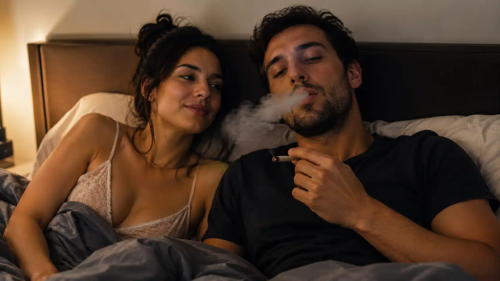 man smoking cannabis in bed beside relaxed woman, showing calm weed effects in a realistic bedroom scene with lighting