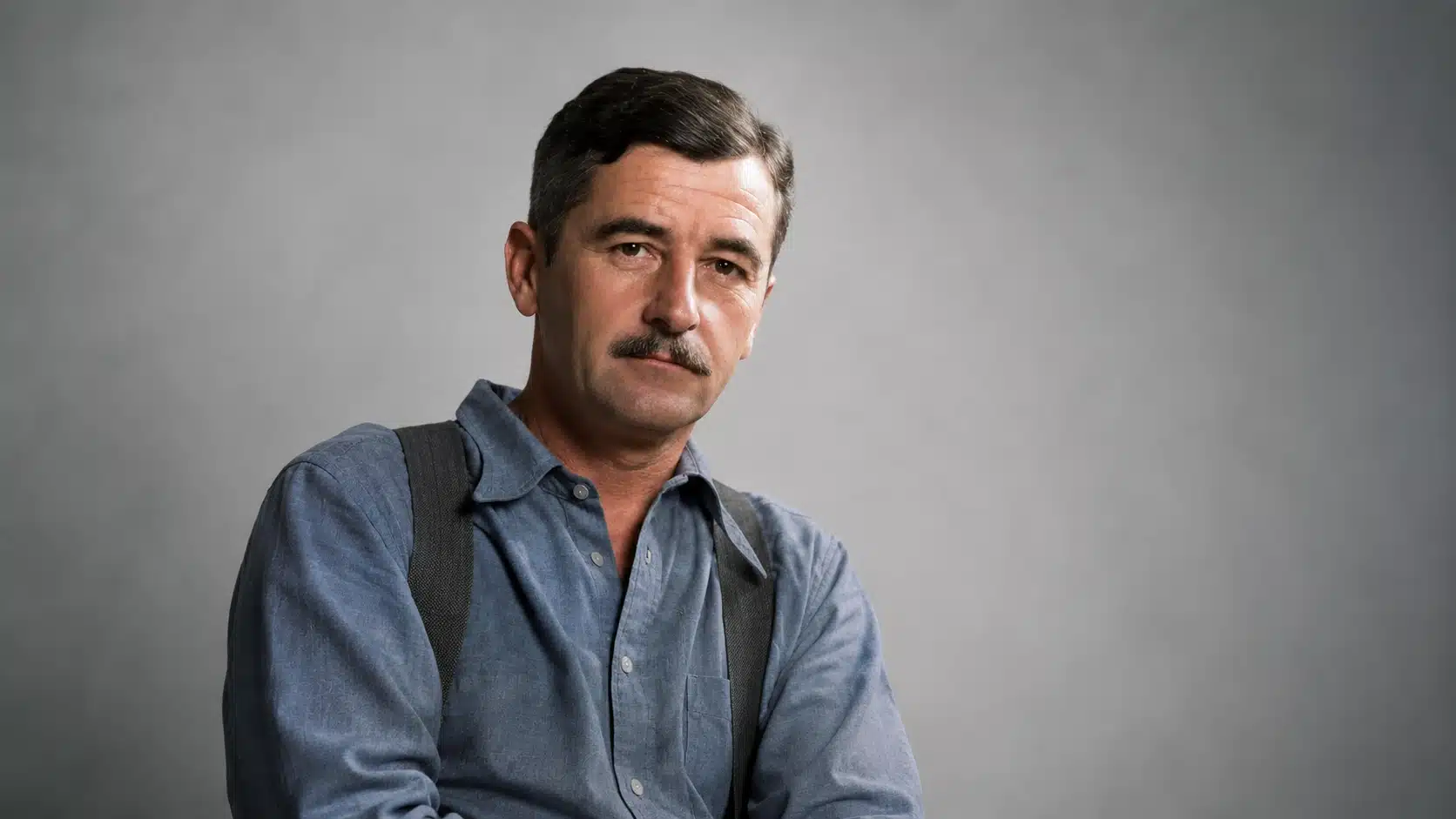 man with a mustache wears a blue shirt and suspenders in a colorized, wide portrait against a gray background