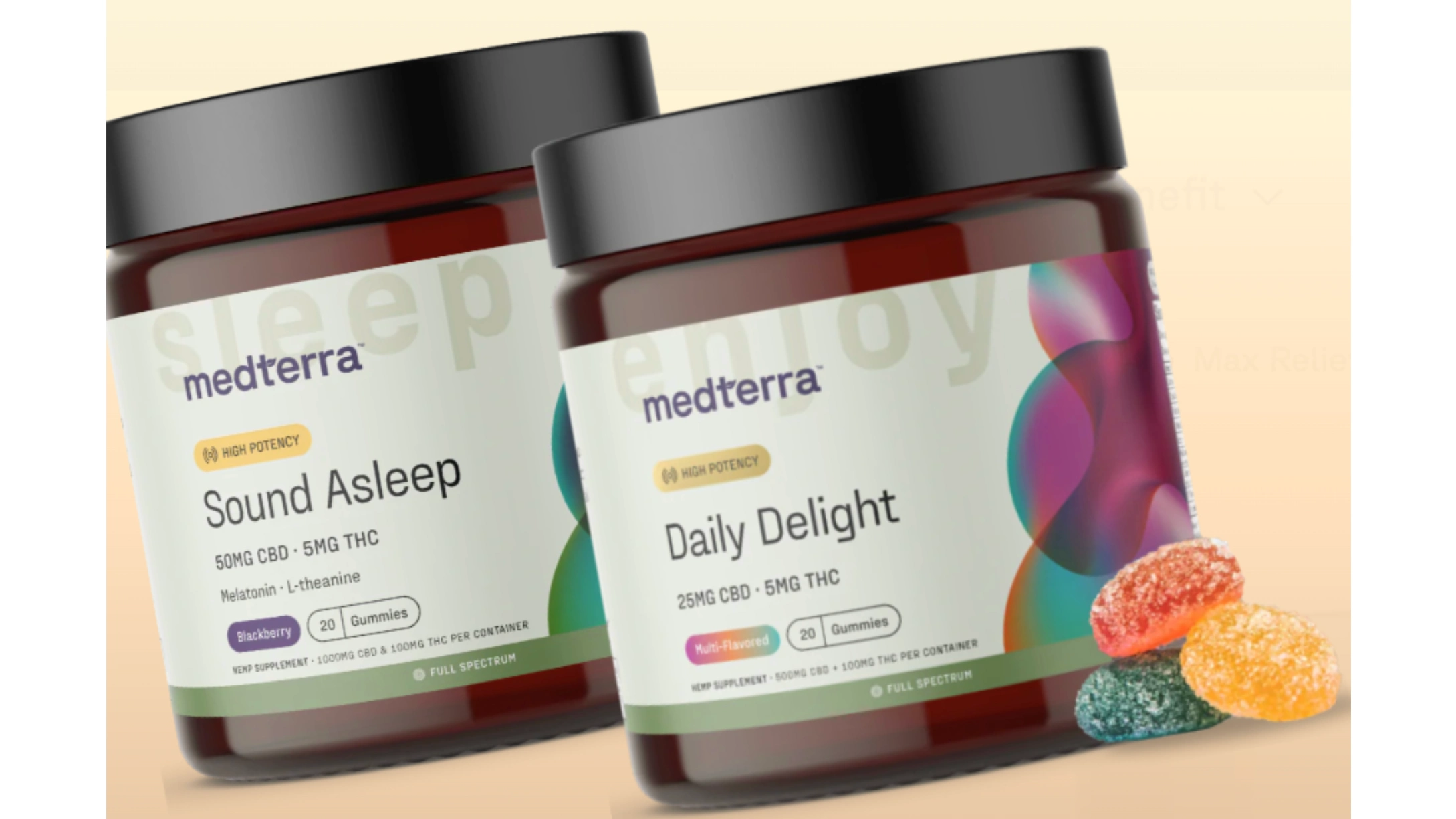 medterra full-spectrum cbd gummies jars for sleep and daily nerve pain support with colorful sugar-coated gummies