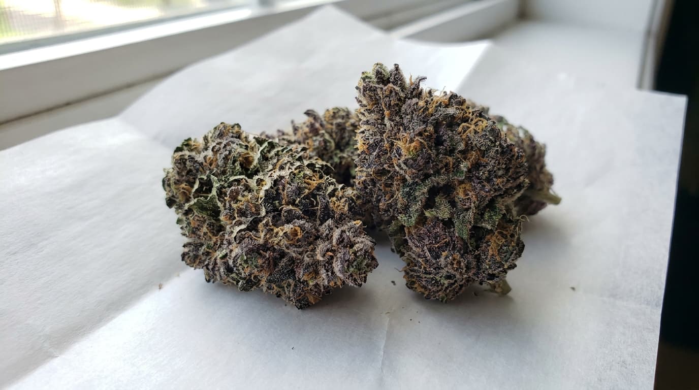 mendocino purps buds on white parchment paper showing deep purple shades and fine trichomes