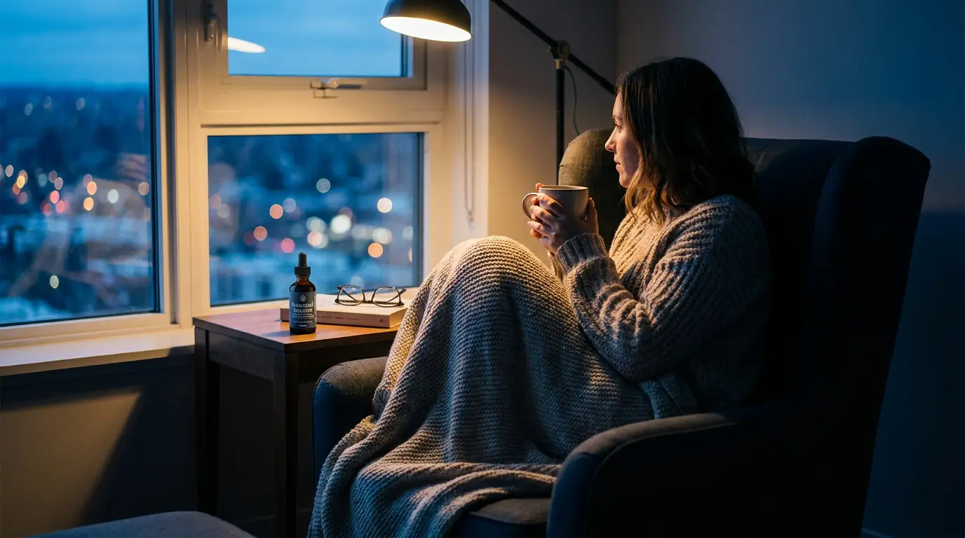 thoughtful evening scene showing daily comfort and mood support from microdosing thc after stress