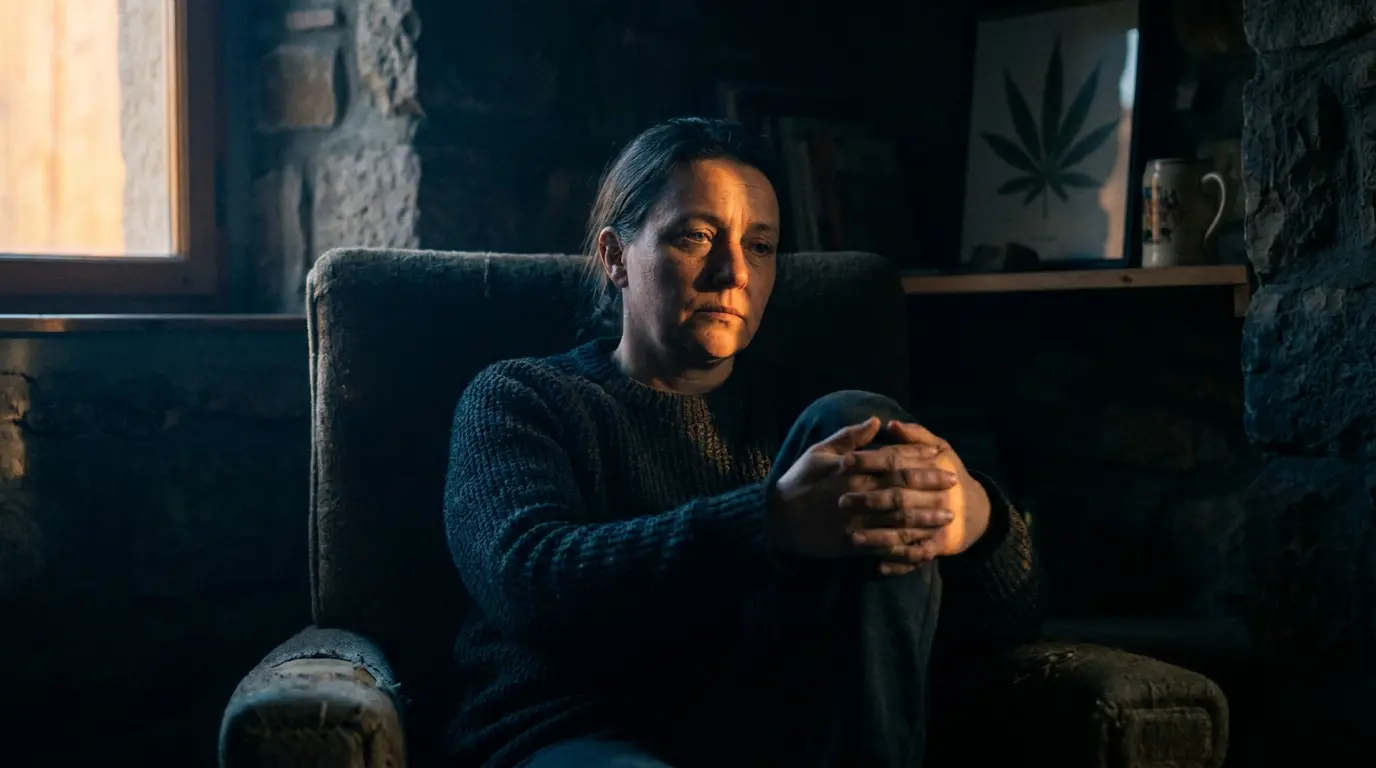 adult resting a sore knee in low light for microdosing thc pain relief support and body comfort