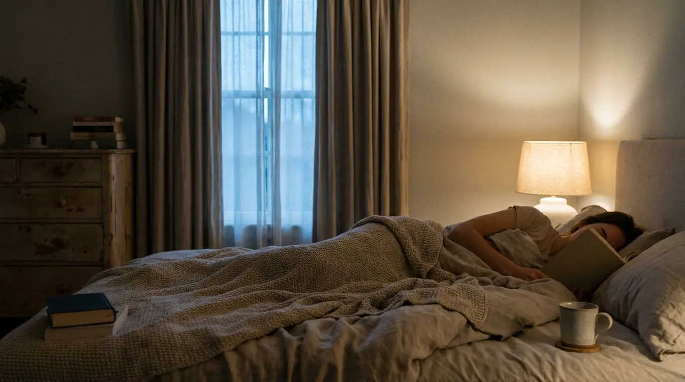 quiet bedroom scene showing sleep support interest around microdosing thc at night with soft light