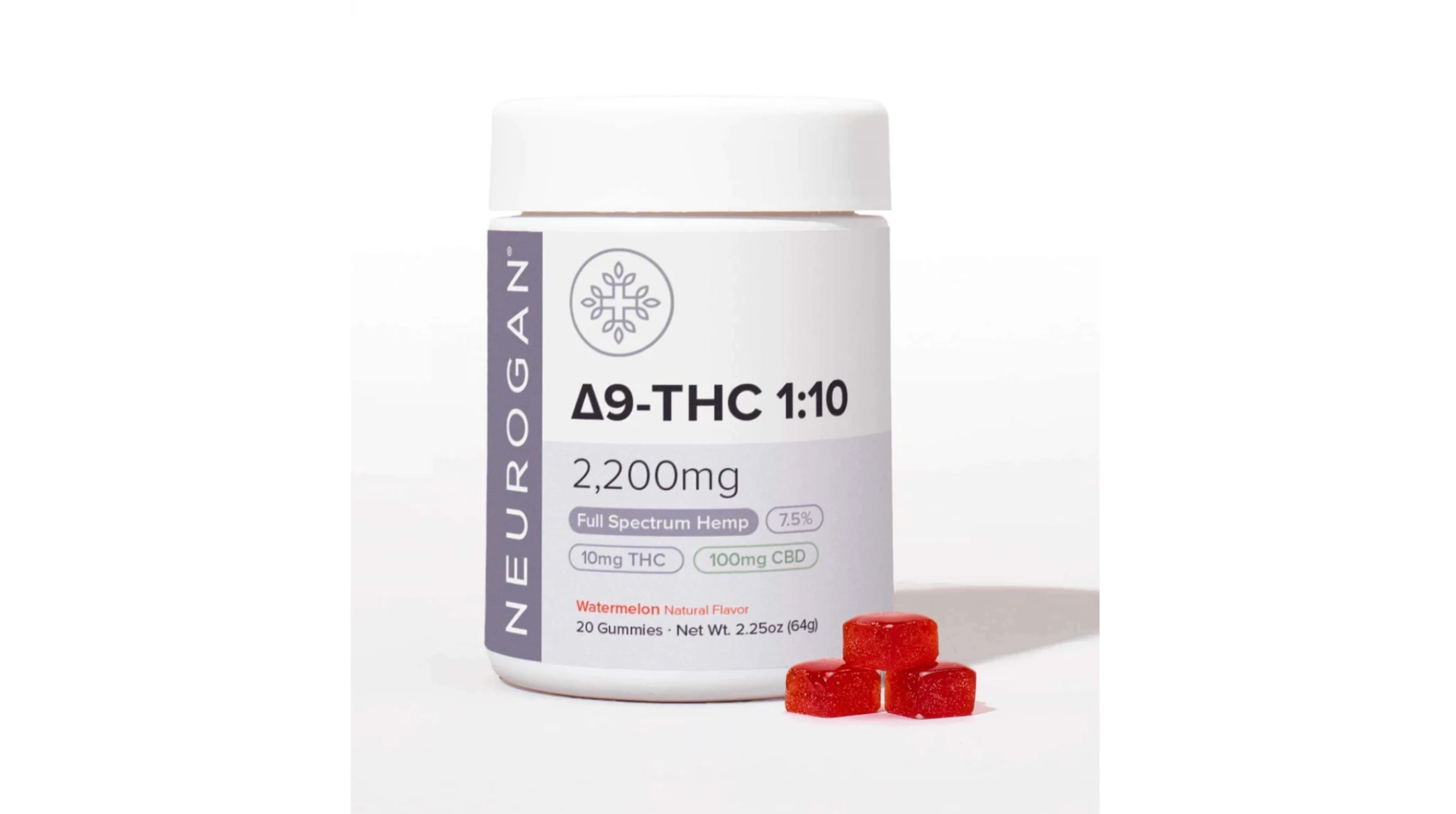 neurogan delta-9 thc full-spectrum hemp gummies bottle with red watermelon gummies for nerve pain and neuropathy relief
