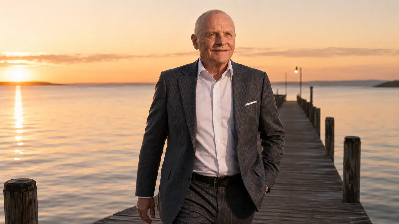 older man in gray pinstripe suit walks on a wooden pier at dawn beside calm water and a glowing sunrise