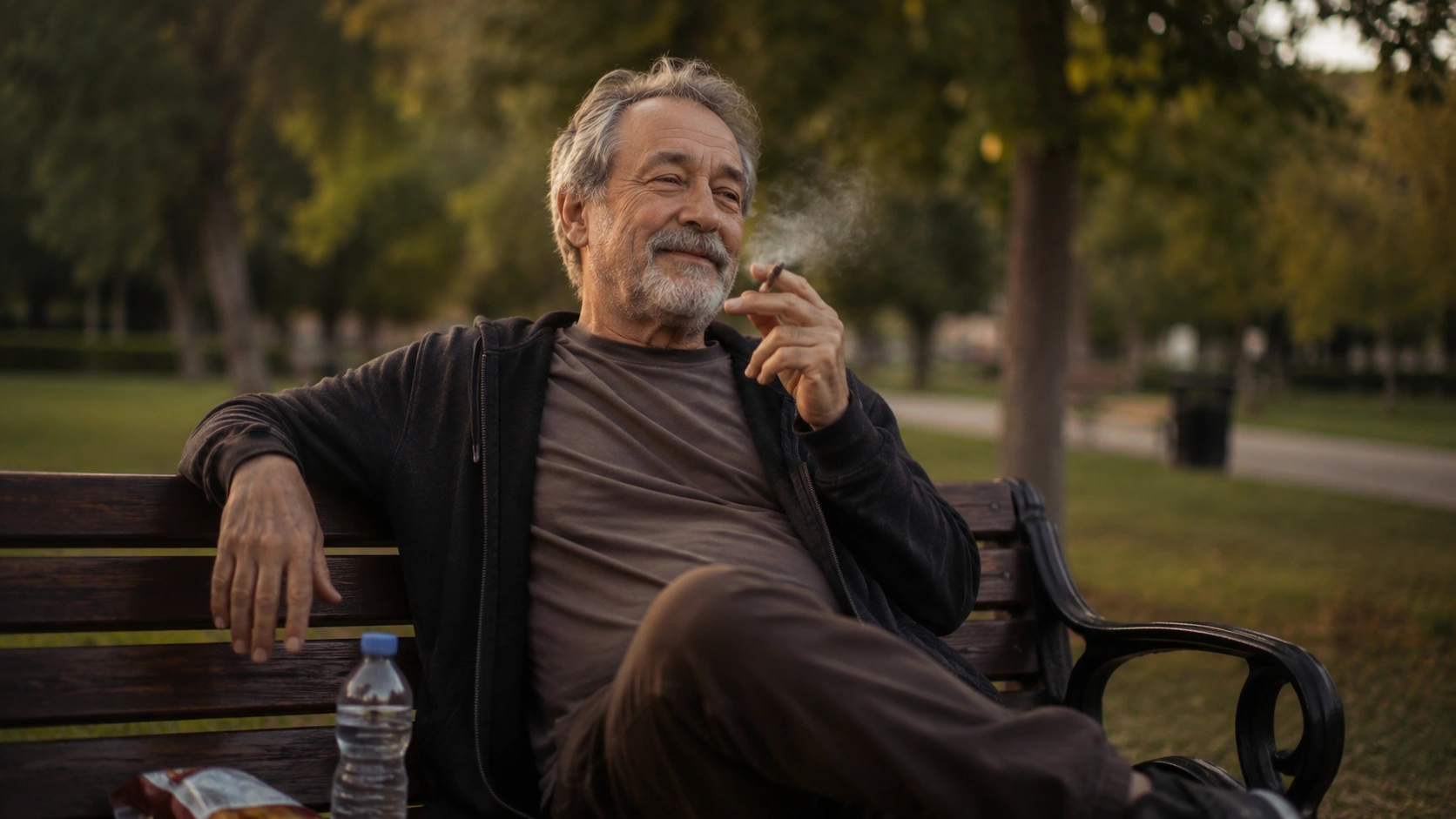 older man relaxing on a park bench while smoking a joint, with water nearby and soft trees in the background