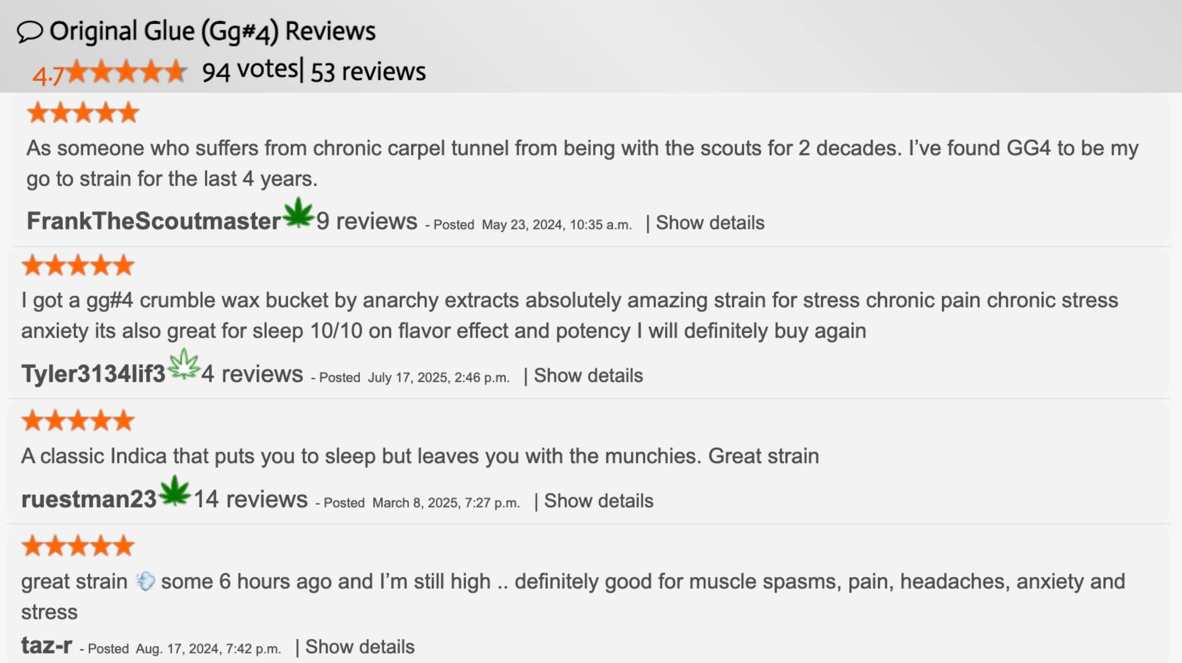 original glue reviews showing high ratings, chronic pain relief reports, sleep effects, stress reduction, and munchies