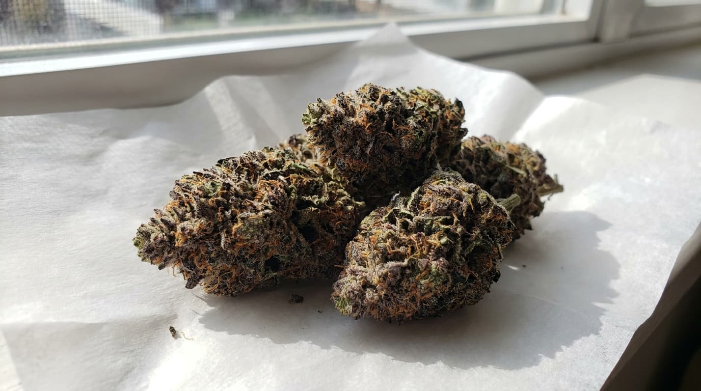 Pakistan Chitral Kush purple buds on wooden surface showing deep natural purple tones