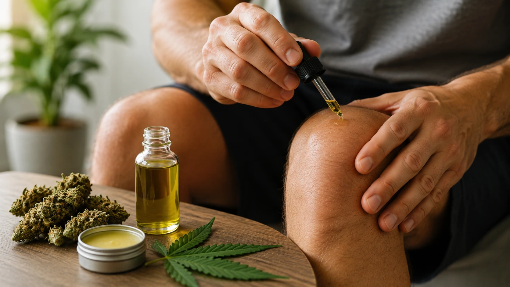 person applying topical oil to knee beside cannabis products, representing marijuana-infused alcohol for pain relief