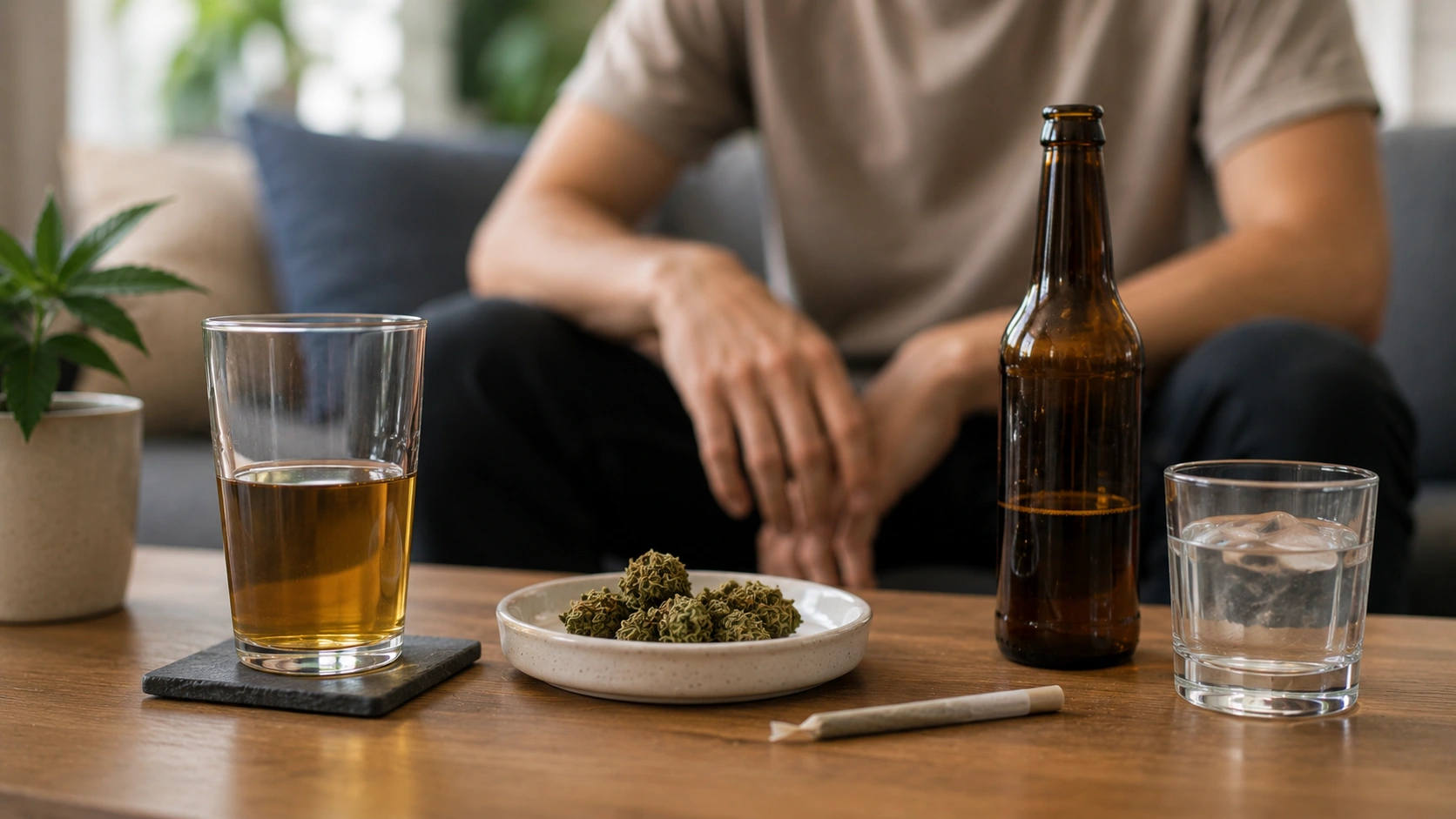person seated on a couch near cannabis and drinks, showing marijuana-infused alcohol for pain relief risks in a house