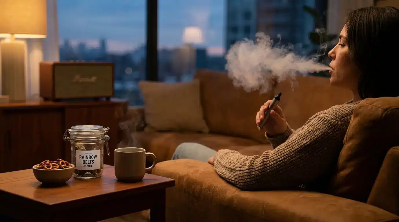 person smoking rainbow belts flower in a calm evening lounge setting showing relaxed user effects