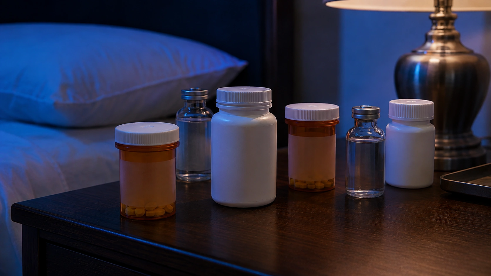 prescription bottles on a bedside table with blue light, showing context for what drugs did elvis do in final years