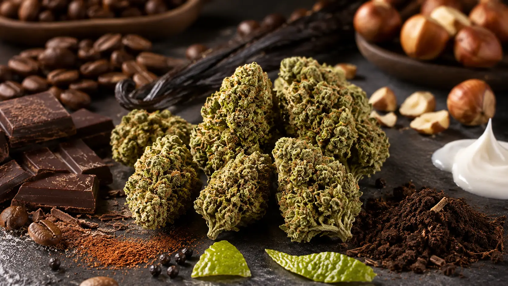 pure michigan cannabis buds with chocolate, coffee beans, vanilla, hazelnuts, cream, soil, spice, and lime peel