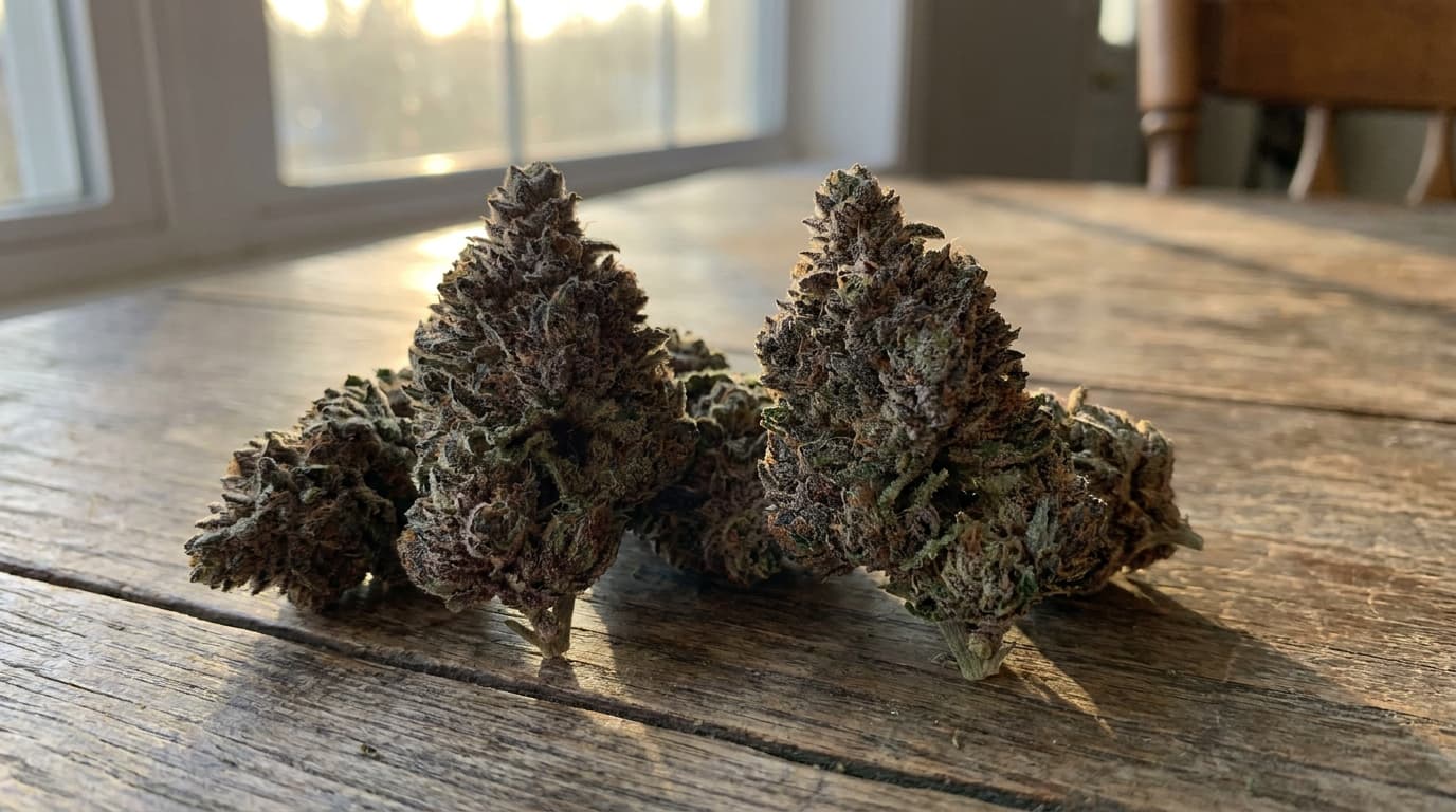 purple afghani buds on wooden surface with dense texture and deep purple leaves in sunlight