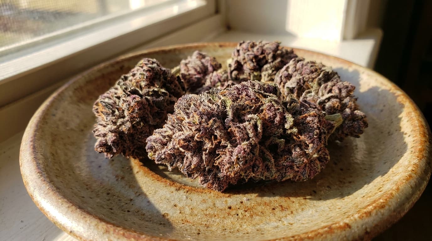 purple berry buds on ceramic plate showing sweet berry hues and frosty trichomes in sunlight