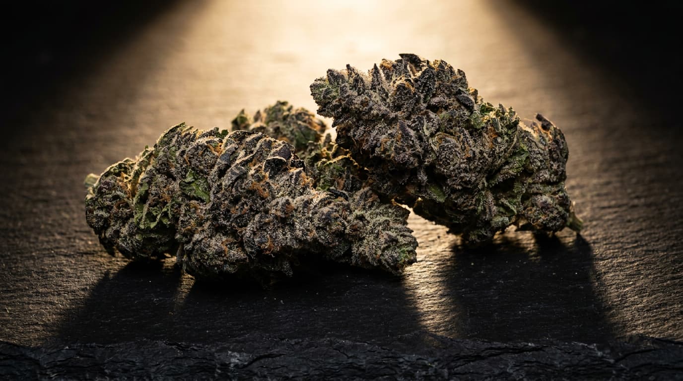 purple diesel buds on black slate showing dark purple and green tones with frosty trichomes