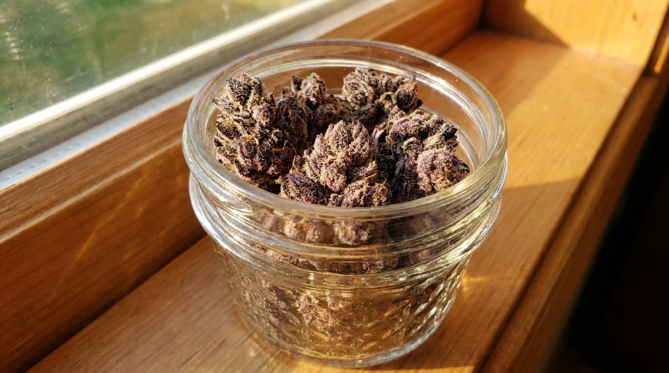 purple do si dos buds in glass jar with deep violet tones and sparkling trichomes under sunlight