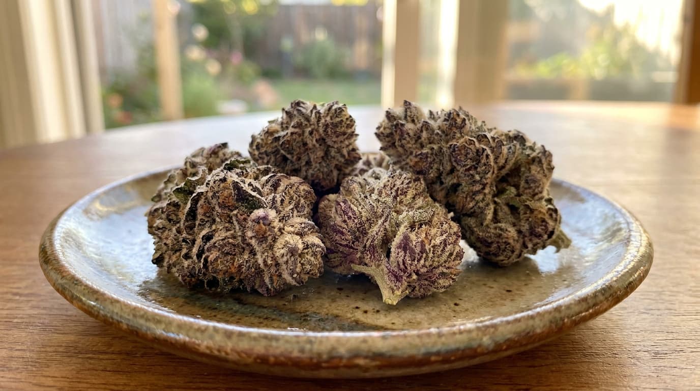 purple gelato buds on ceramic plate with creamy purple swirls and sparkling trichomes in warm light