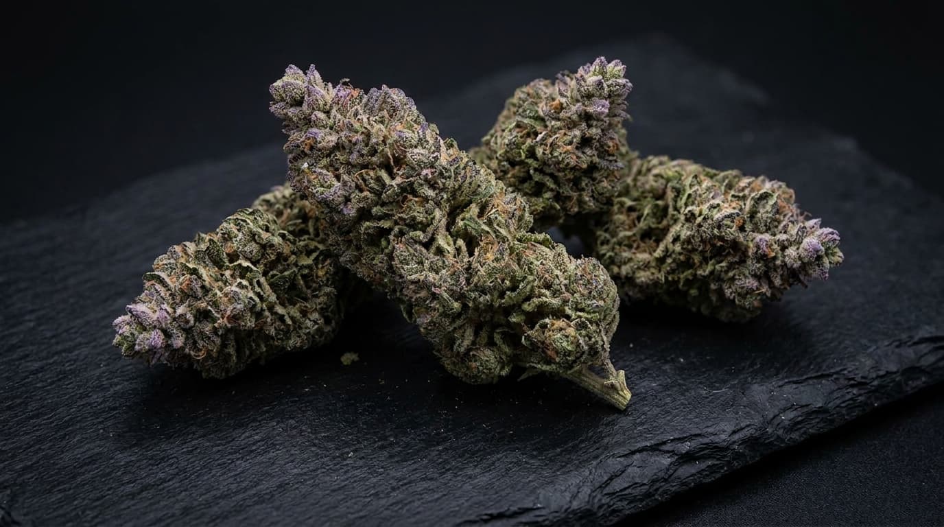 sativa dominant purple haze buds on black slate with lavender tips and subtle purple shades
