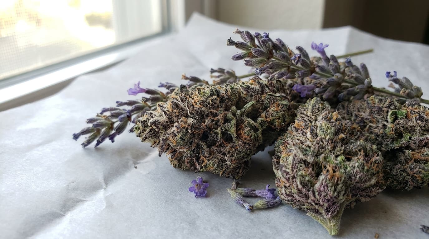 lavender buds on parchment paper with floral lavender hints and detailed trichomes in soft light