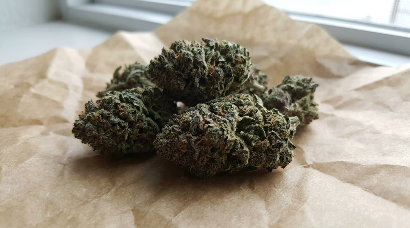 purple obama kush buds on parchment paper with subtle purple hues and visible trichomes in daylight