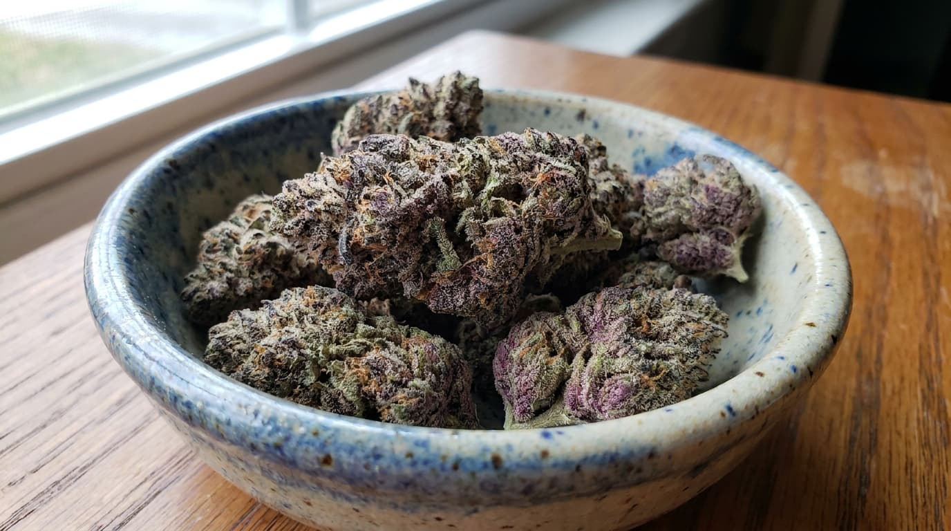 purple og kush buds in ceramic bowl showing deep purple and lavender hints with sparkling trichomes