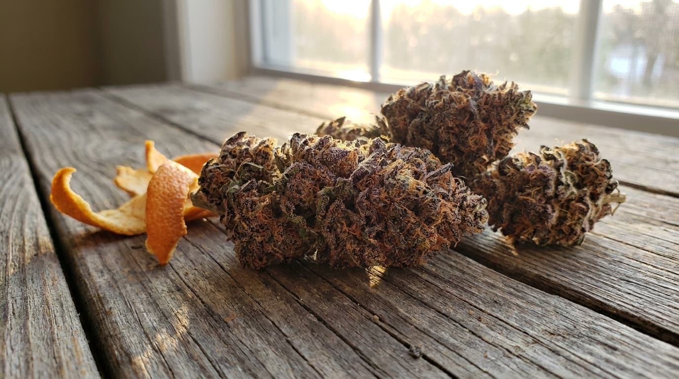 purple tangie buds on wooden table showing citrus hints and glistening trichomes in warm light